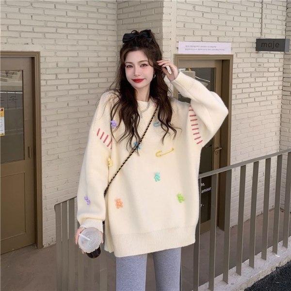 Kvinner strikket høst-vinter genser pluss størrelse koreansk stil løs og lat stil pullover topp Apricot S
