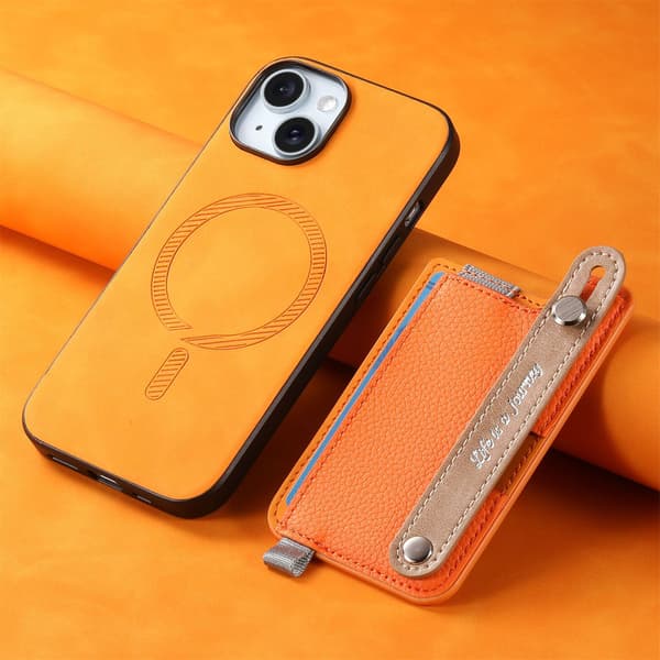 Etui til iPhone 14 Plus, orange, med magnetisk kortopbevaring og pung
