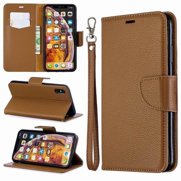 Fodral för iPhone 13 Mini Brun lycheetextur solid läder kortplats flip