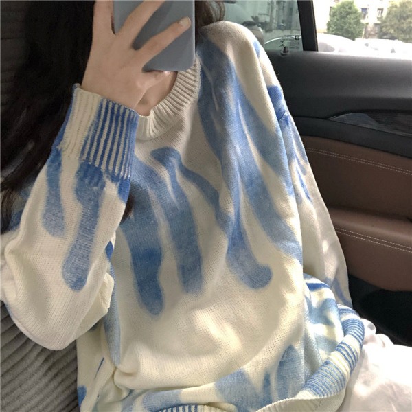 Kvinnor Stickat Höst Vinter Tröja Tie-Dye Lös figur Smickrande rundhalsad blus unisex Blue M