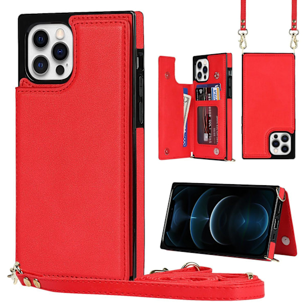 iPhone 14 Plus -kotelo, punainen, crossbody, tuplalukko, korttipaikka, lompakko, nahkainen pidike