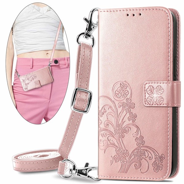 Fodral för iPhone 14plusRoséguld Präglat Läder Fyrklöver Dragkedja Crossbody Midja Lång Snodd