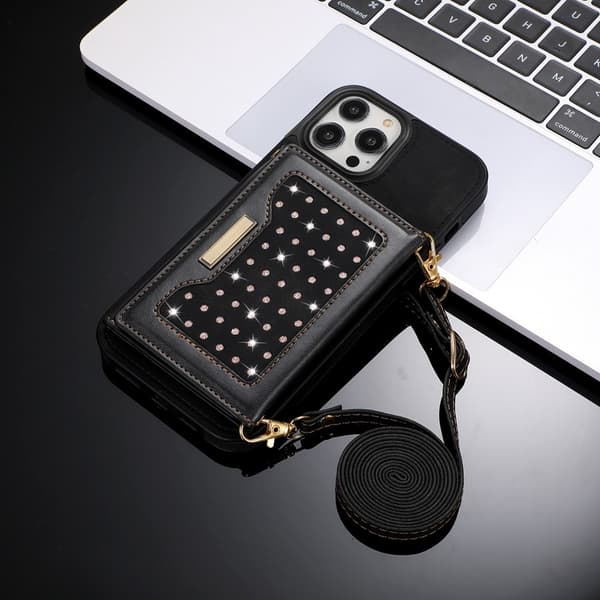 Etui til iPhone 13 Pro Max sort tri fold lanyard taske tyverisikring børste pung læder