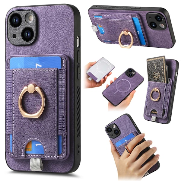 Kotelo iPhone 15:lle, violetti, magneettinen, irrotettava korttipidike ja sormirengas