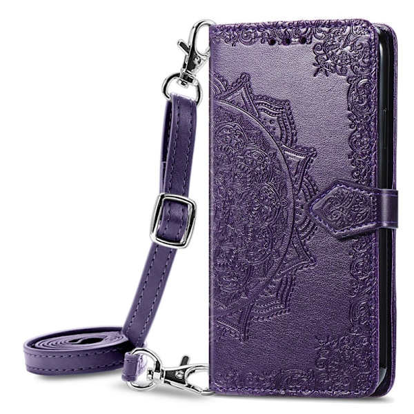 Etui til iPhone 14 Pro lilla mandala læder lang crossbody lanyard præget