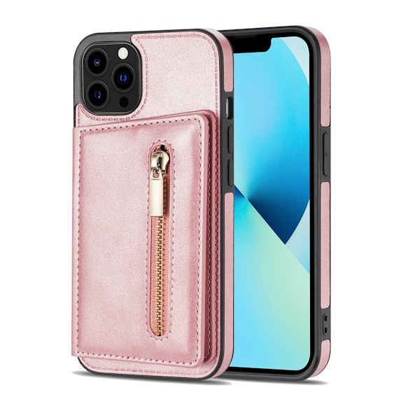 Etui til iPhone 15 Pro Max rosaguld lynlås kortholder fuldt faldbeskyttende mode