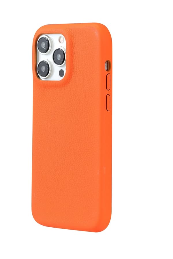 Etui til iPhone 14 Pro Max, oransje, solid litchimønster, full bakside, fire sider, japansk stil