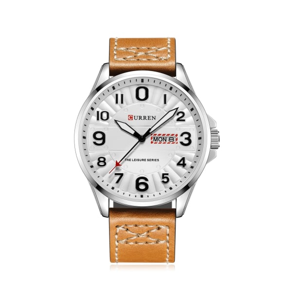 Herreure Double Calendar Literal Vandtæt læder-bælte Watch Gift White shell and white