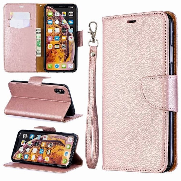 Fodral för iPhone 13 Pro guld lychee textur solid läder kortplats flip
