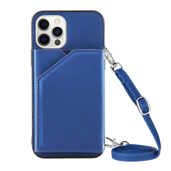 Etui til iPhone 14 Pro Max, blå, lang snor, hudfølelse, kortholder, læder