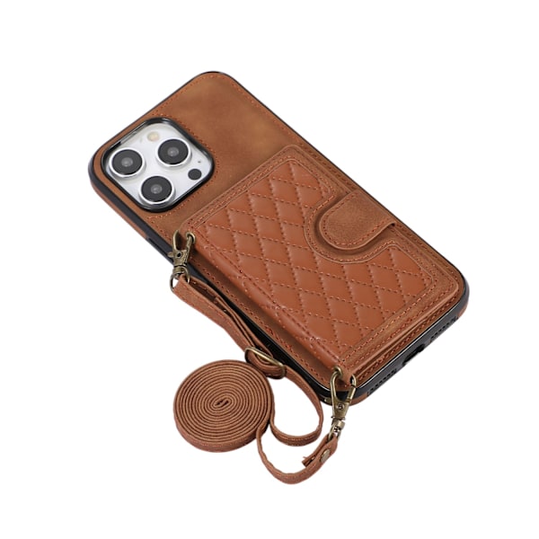 Fodral för iPhone 15 Plus brun snodd diamant crossbody korthållare plånbok axelrem