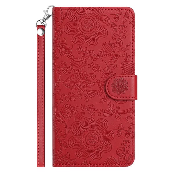 Etui til iPhone 16 Pro Rødt Blomsterpræget Læder Etui Blomster Snor