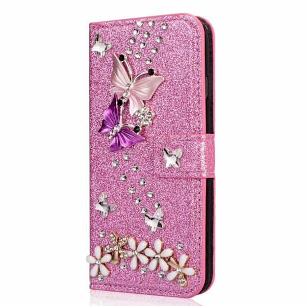 Fodral för iPhone 13 rosa glitter fjäril strass kortplats plånbok läder inlagda diamanter