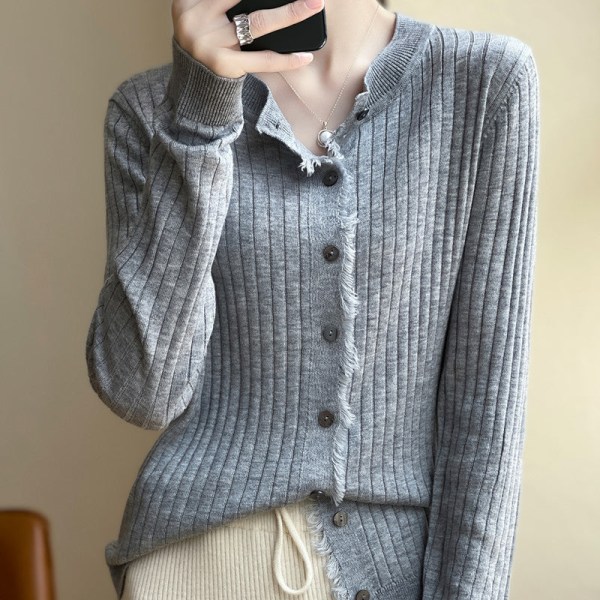 Damestrik efterår vinter sweater kvast rund hals uld bred stribet cardigan top frakke Gray M