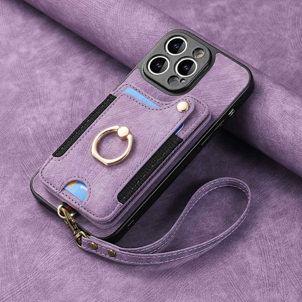 iPhone 15 -kotelo, vaalean violetti [nahkaisella kaulanauhalla] varkaudenestoharjarenkaan soljen monitoimikaulanauha