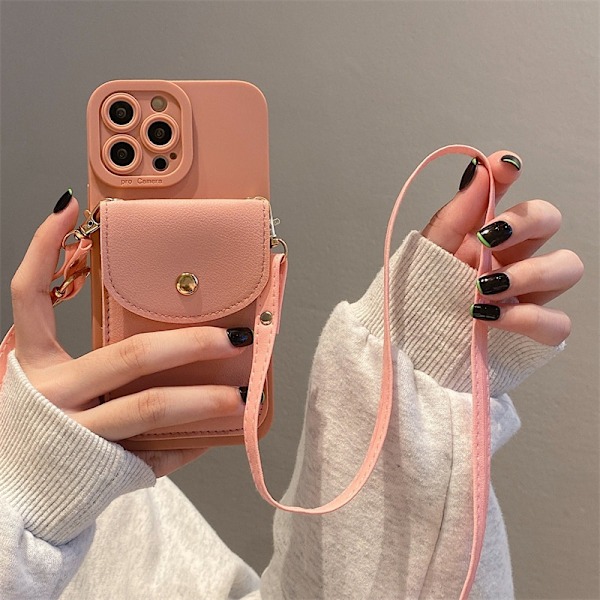 Fodral för iPhone 13PRO MAX rosa korthållare läder crossbody rem snodd anti fall