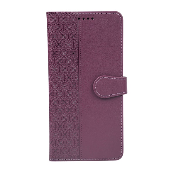 iPhone 15 Plus -kotelo, tumman violetti nahka, neliapila- ja sydänkuvio, pyöreä solki