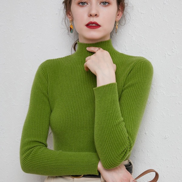 Kvinder Strik Efterår Vinter Sweater Halv rullekrave Stribet sweater Pullover Kort Langærmet Fruit Green L