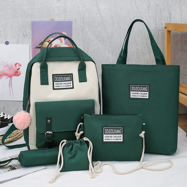 Kouluopiskelijareppu College Bookbag Matkalaukku Viisiosainen set Kontrastiväri Suuri kapasiteetti Canvas Dark green