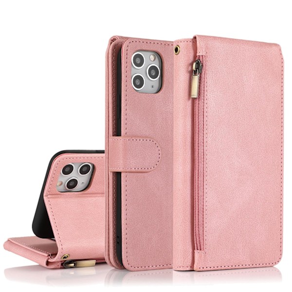 Etui til iPhone 14 Rosaguld hudfølelse lynlås læder multi funktion kort slot pung