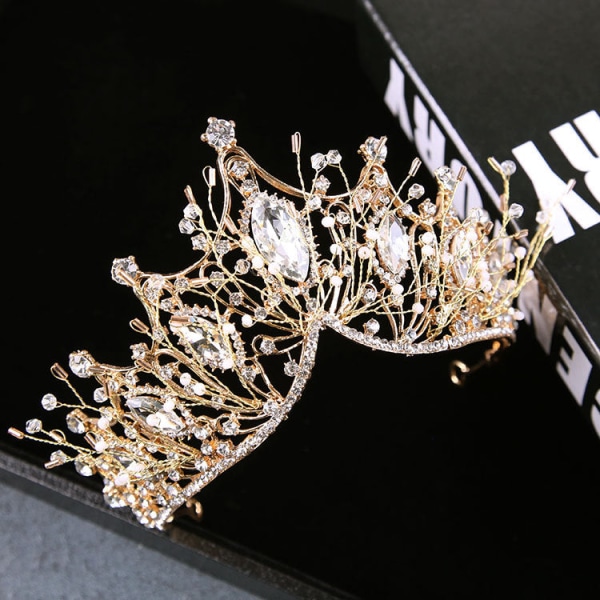 Brudehovedbeklædning Golden Super Fairy Big Rhinestone Crown Hårspænde Black