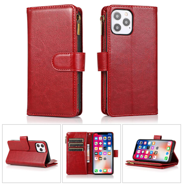 Etui til iPhone 13 mini 5.4 rødt læder multifunktionel pung ni kort