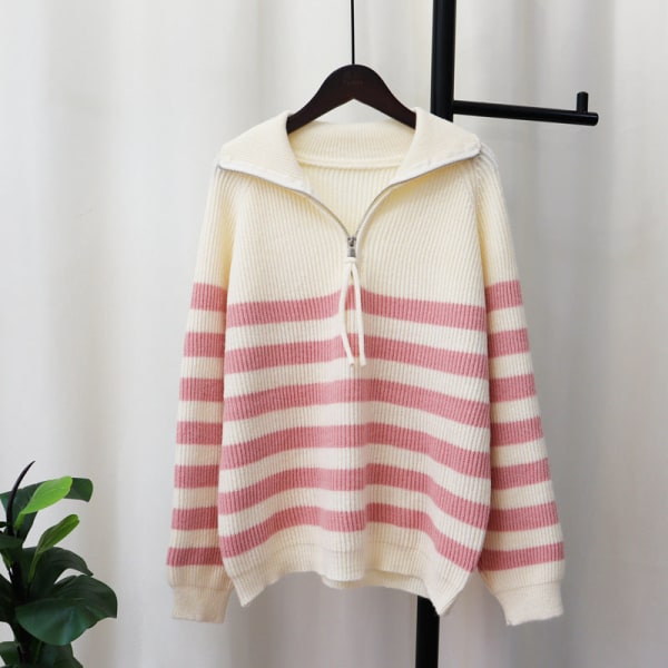 Kvinder Strik Efterår Vinter Sweater Halv lynlås Stribet Kontrastfarve Løs Retro Pullover Pink 60*104*63cm