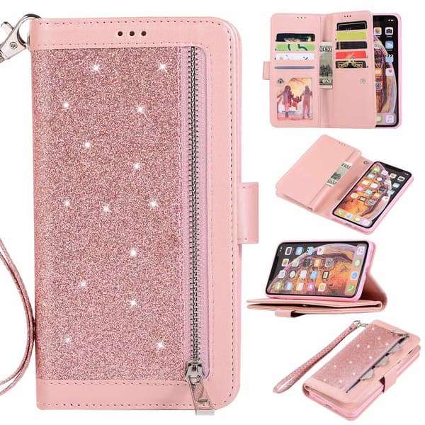 Etui til Samsung J330 Rose Gold Glitter Multi-Function Glidelås Lommebok Rose Gold