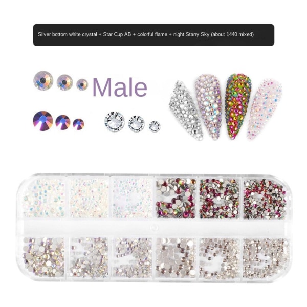 Kynsikoristeet Nail Art 12 Ge Mei Jia Tasapohjainen tekojalokivi pitkä laatikko Magic Color Mixed Pack 1440 kpl 12 grid manicure jewelry-04