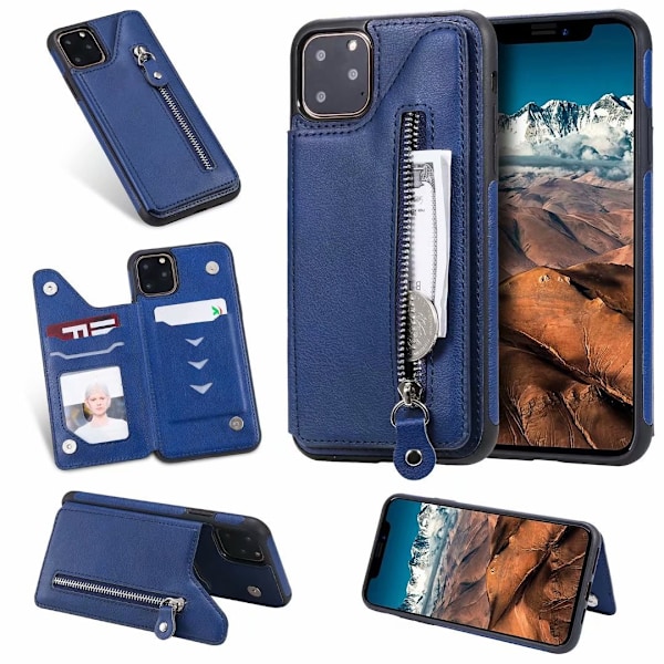 Etui til iPhone 13 Pro Max blå glidelås kortholder dobbel spenne