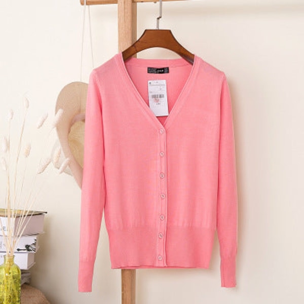 Damestrikk Høst Vinter Genser Loose Crop Top Cardigan Langermet Inverness Pink XXL