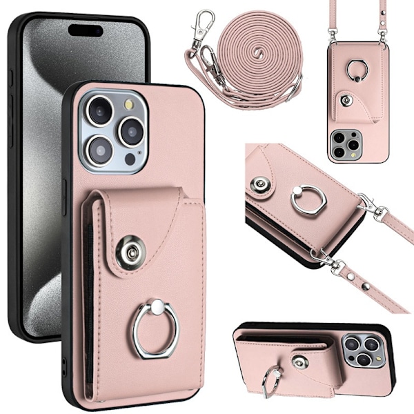 Etui til iPhone 15 Plus, pink, lang snor, harmonika kortholder, ring spænde