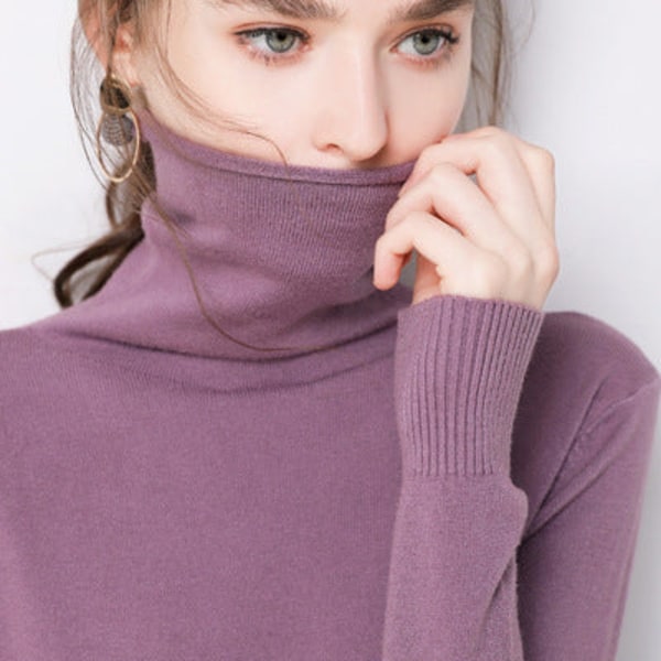 Kvinder Strik Efterår Vinter Sweater Højkrave Uldtrøje Pullover Stretch Pile Krave Fit Light purple L