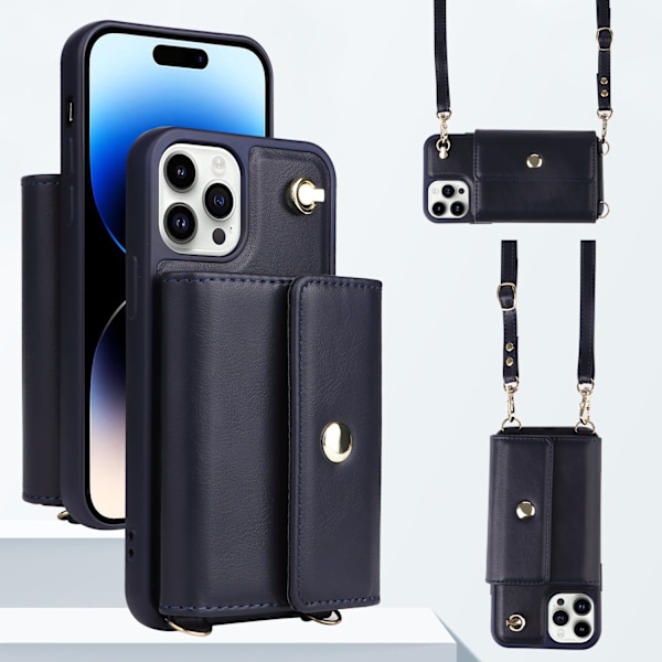 Fodral för iPhone 13 marinblå lång crossbody-rem moderiktig dragspelskorthållare