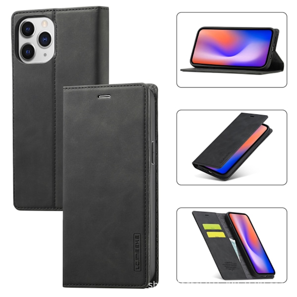 Fodral för iPhone 14max svart dubbelsug retro läder kortplats flip plånbok