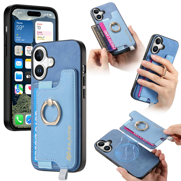 Fodral för iPhone 14 Pro Max blått magnetiskt kortfodral enkelt läder