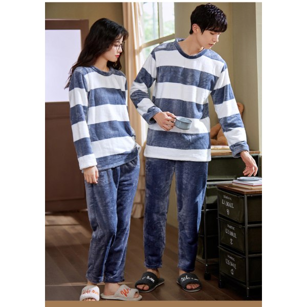 Matchende plysj pyjamas for par fortykket plysj langermet korall fløyel hjemmeklær høst blue white Women's size L