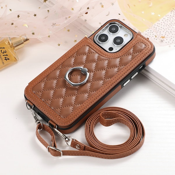 iPhone 15 Pro -kotelo ruskea [pitkä kaulanauha] sopiva vinoneliö nahkainen crossbody-lompakko, putoamissuoja