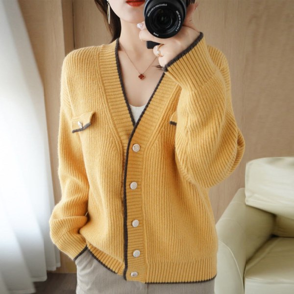 Kvinder Strik Efterår Vinter Sweater V-hals Faux Pocket Strikket Cardigan Overtøj Sweater Coat Warm yellow XL