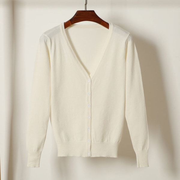 Kvinder Strik Efterår Vinter Sweater Top Ydre Langærmet Cardigan Kort Tynd Frakke White 2XL