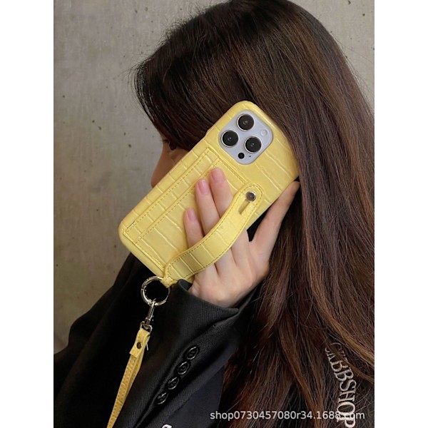Kotelo iPhone 13 Prolle, keltainen korttipaikka, ranneke, crossbody, puolikotelo, jalusta