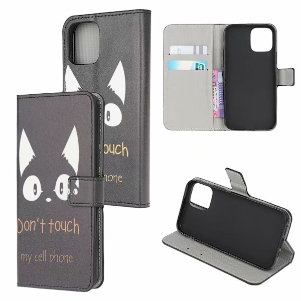 Fodral för iPhone 13 mini kattöron målat läder kortplats plånbok tryck