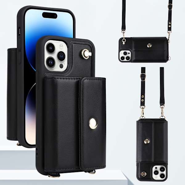 Kotelo iPhone 15:lle, musta pitkä crossbody-kaulanauha, muodikas haitarikorttipidike