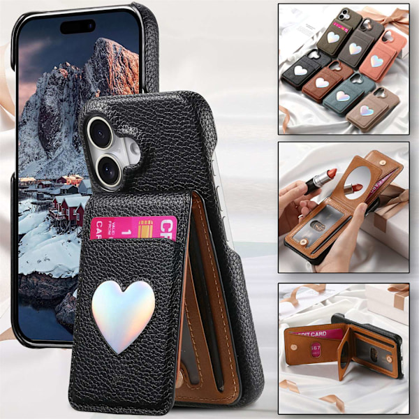 Skal för iPhone15 Plus Svart Japansk och Koreansk Liten Klar Läder Laser Hjärta Spegel