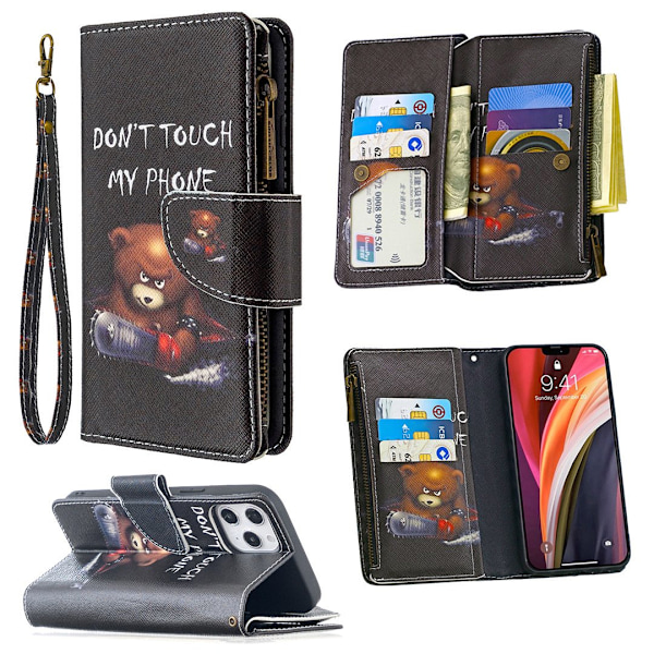 Etui til iPhone 13 bjørn malet lynlås læder multi funktion kort slot pung flere print