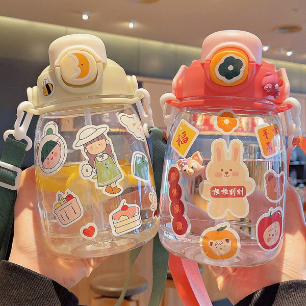 Kids Water Drinking Bottle Cute for Child Large Capacity Straw Big Belly Cylindrical Sunny orange 1100ML
