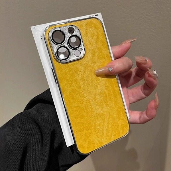 iPhone 15 Plus -kotelo, keltainen leopardikuvio, nahkaa, galvanointi, täysi