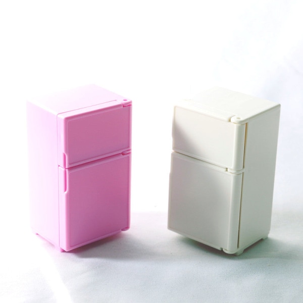 Miniature Møbler Legetøj Dukker Hus DIY Dekoration Tilbehør Mini tegneserie Pink Køleskab White