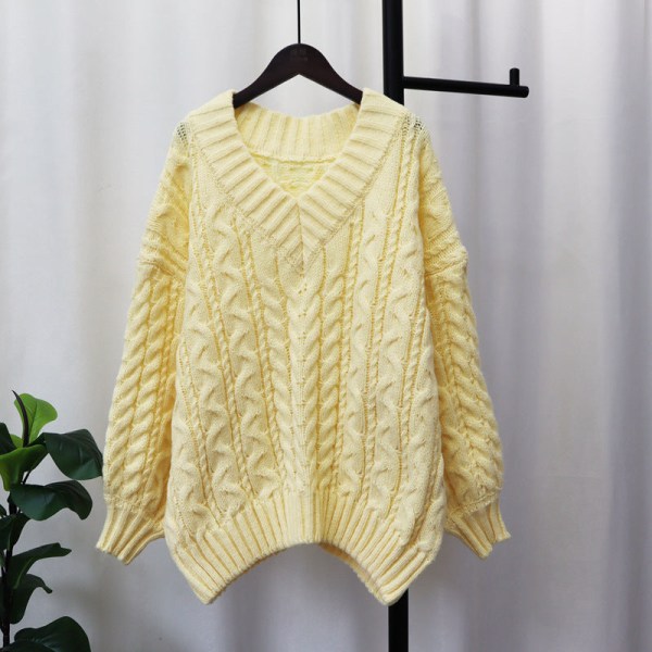 Kvinder Strik Efterår Vinter Sweater Fortykket V-hals Twist Pullover Løs Blød top Yellow Average size
