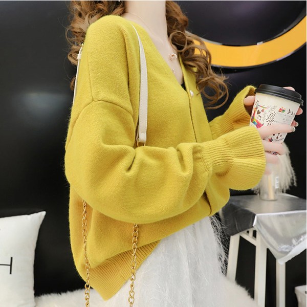 Kvinner strikkeplagg Høst Vinter Genser V-hals Idle Style Baggy Coat Flared Sleeve Cardigan Light yellow 57*96*48cm